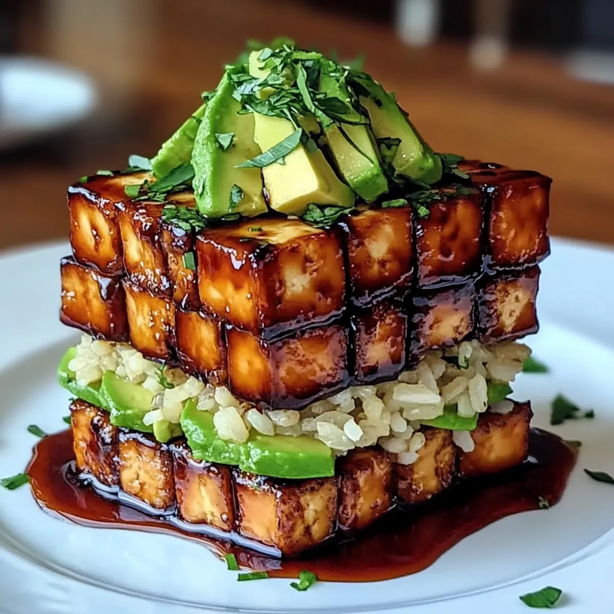 Crispy Teriyaki Tofu and Avocado Rice Stack